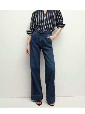 Veronica Beard Dark Blue High-Waist Wide-Leg Jeans with Belt